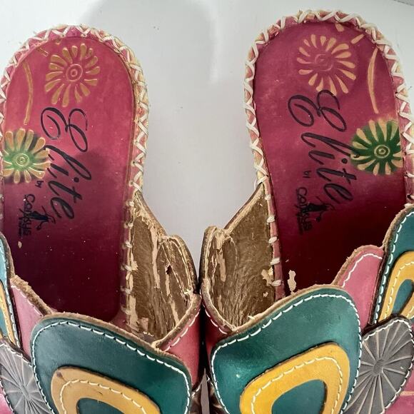 Elite Corkys Colorful Wedge Sandals Women’s 9 Leather Painted Navajo Pink Green - Picture 3 of 14
